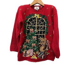 Tiara International Design Beaded Embroidered Bear Whimsical Bear Christmas Swea